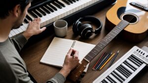 Musician studying theory at a table with keyboard guitar headphones and blank notation paper