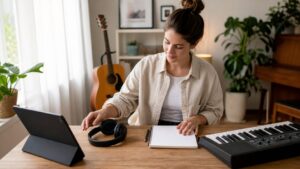 Beginner preparing keyboard guitar headphones and notebook for a first music practice session