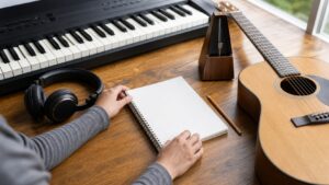 Keyboard guitar metronome headphones and blank notebook arranged for music fundamentals practice