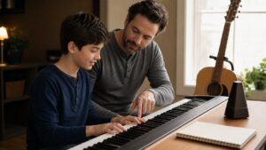 Teacher guiding beginner hand position at a keyboard in a warm lesson space