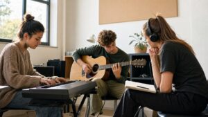 Music students practicing keyboard guitar and listening together in a rehearsal room