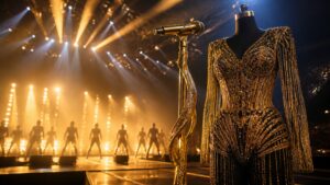 Gold performance outfit and microphone on a massive arena stage