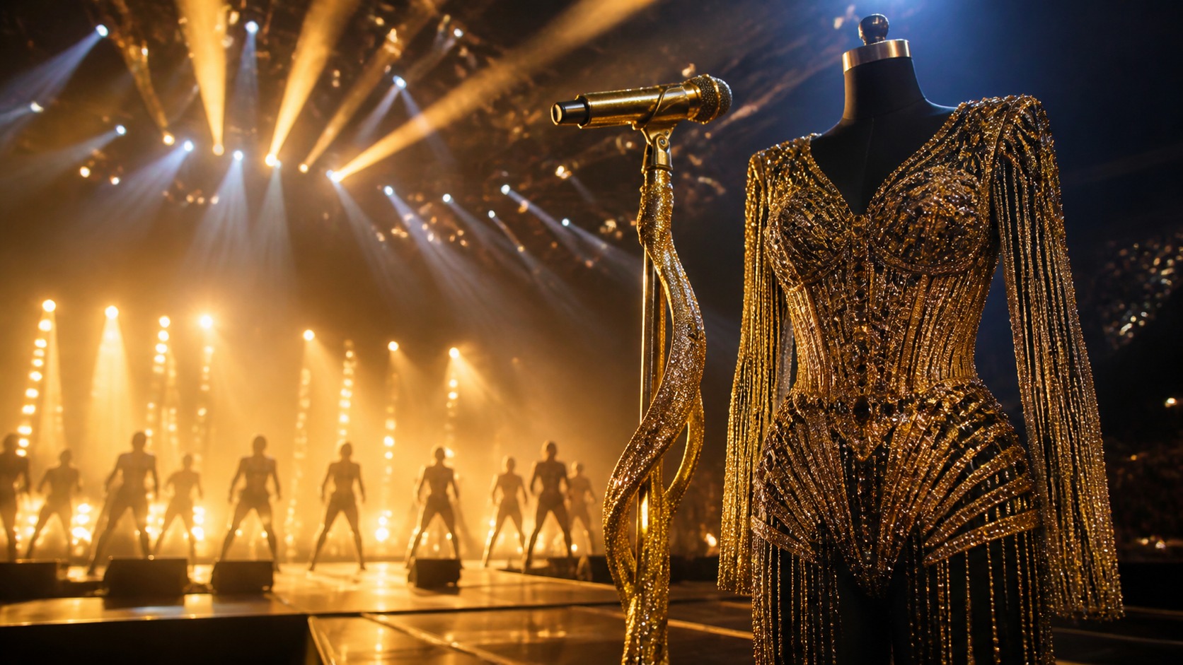 Gold performance outfit and microphone on a massive arena stage