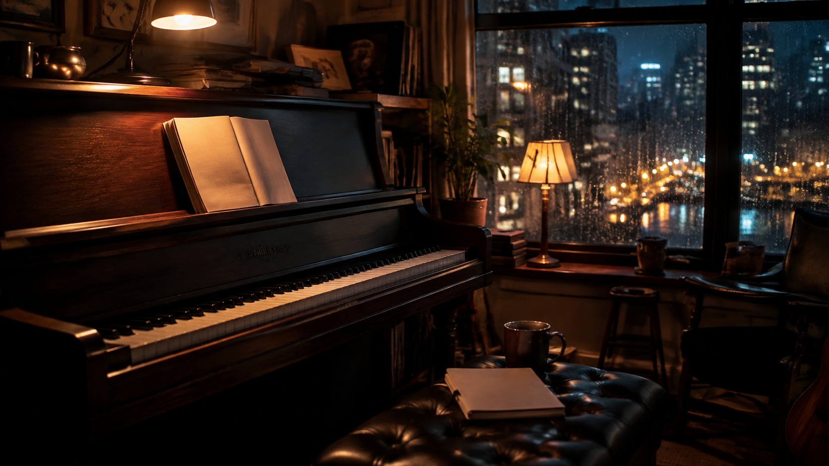 Urban piano room at night with rain on window and closed notebook