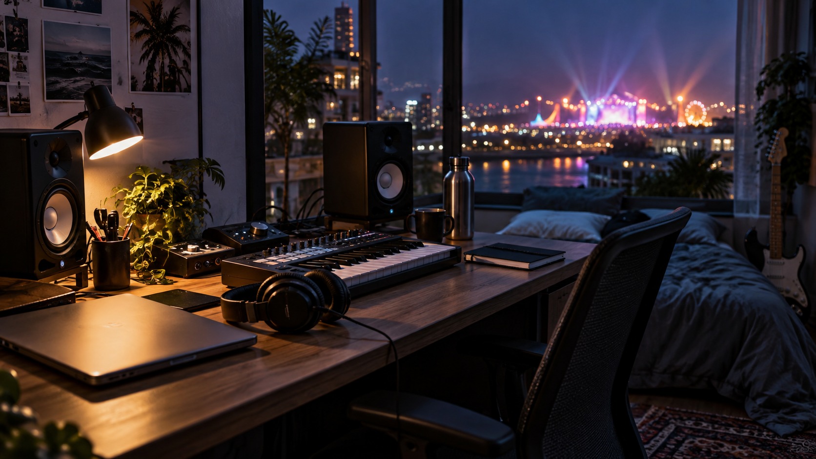 Bedroom electronic music production desk with distant festival lights outside a window