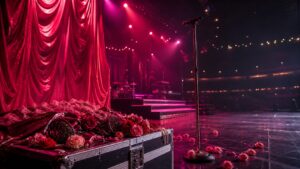 Pink theatrical pop stage with microphone roses and costume pieces