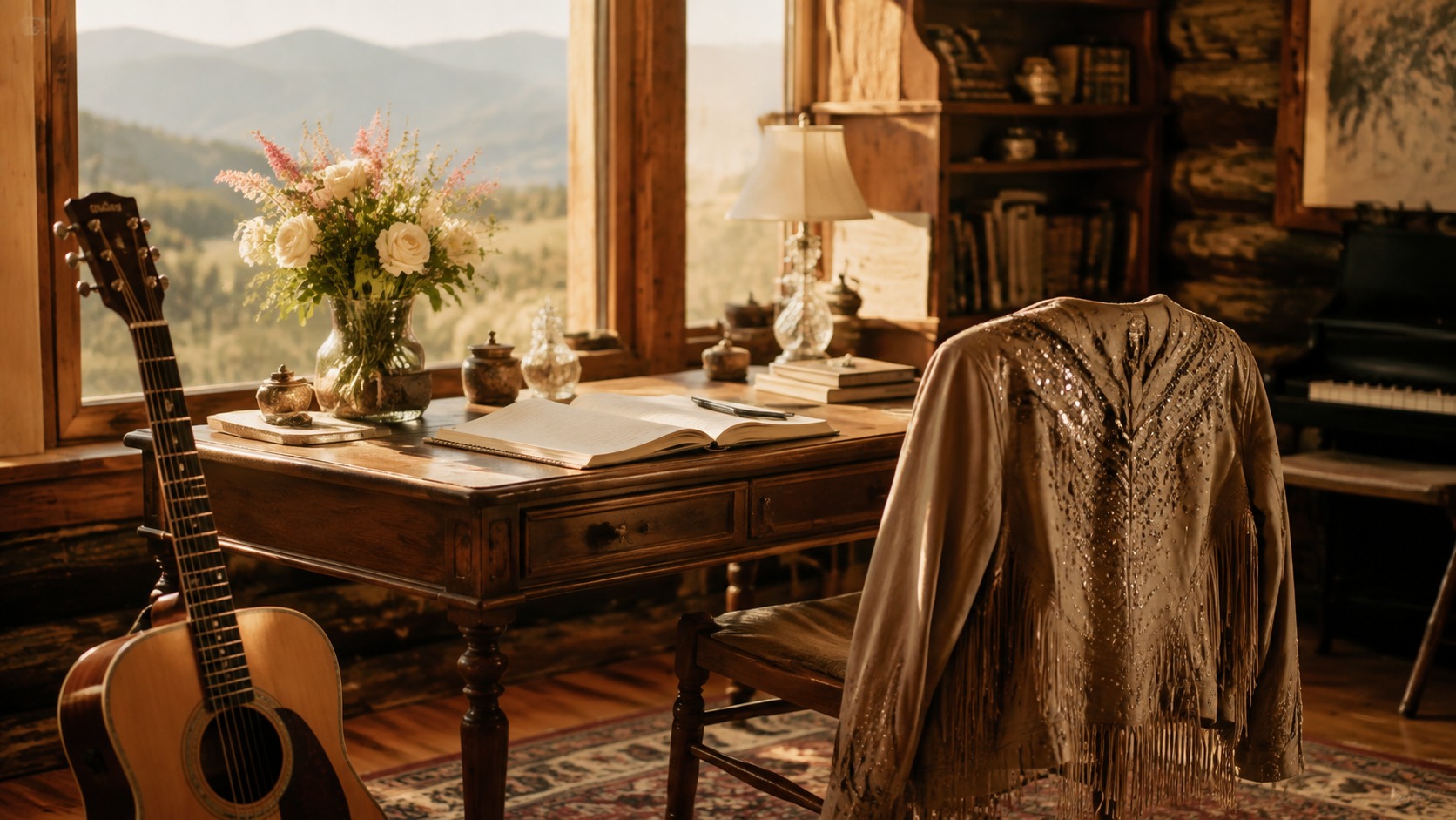 Country songwriting room with acoustic guitar rhinestone jacket and mountain view