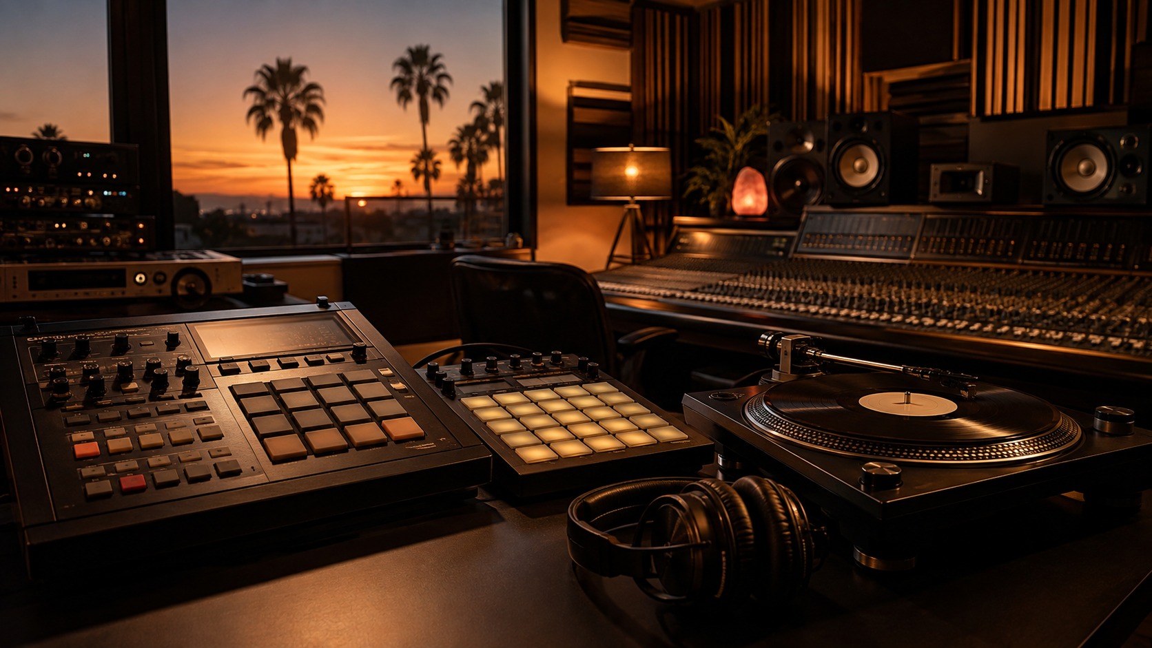 West Coast hip-hop studio with sampler drum machine headphones and sunset view