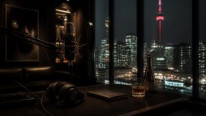 Late-night recording studio with microphone headphones and Toronto skyline lights