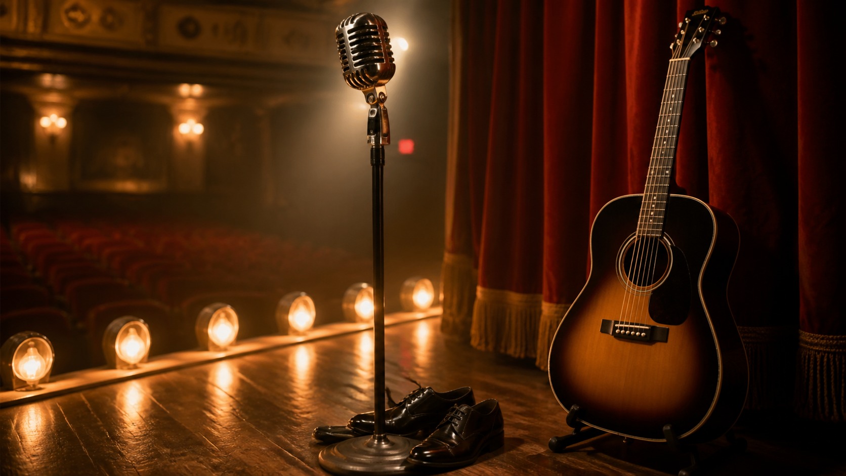 Vintage microphone guitar and polished shoes on a warm 1950s theater stage