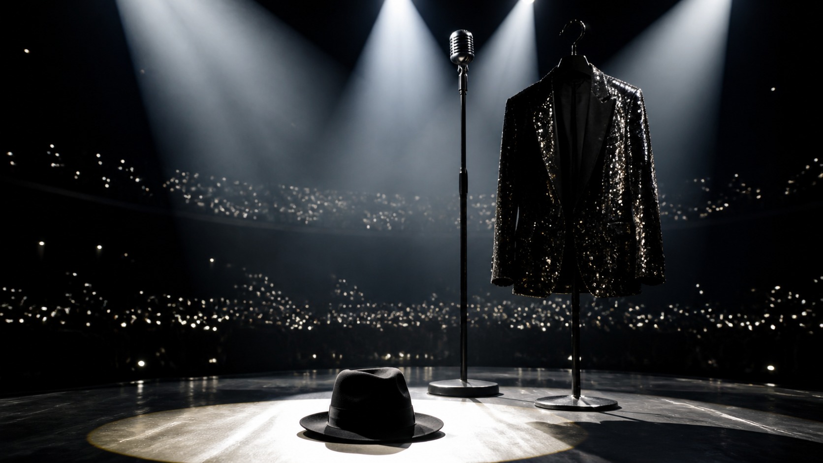Sequined stage jacket fedora and microphone under arena spotlights