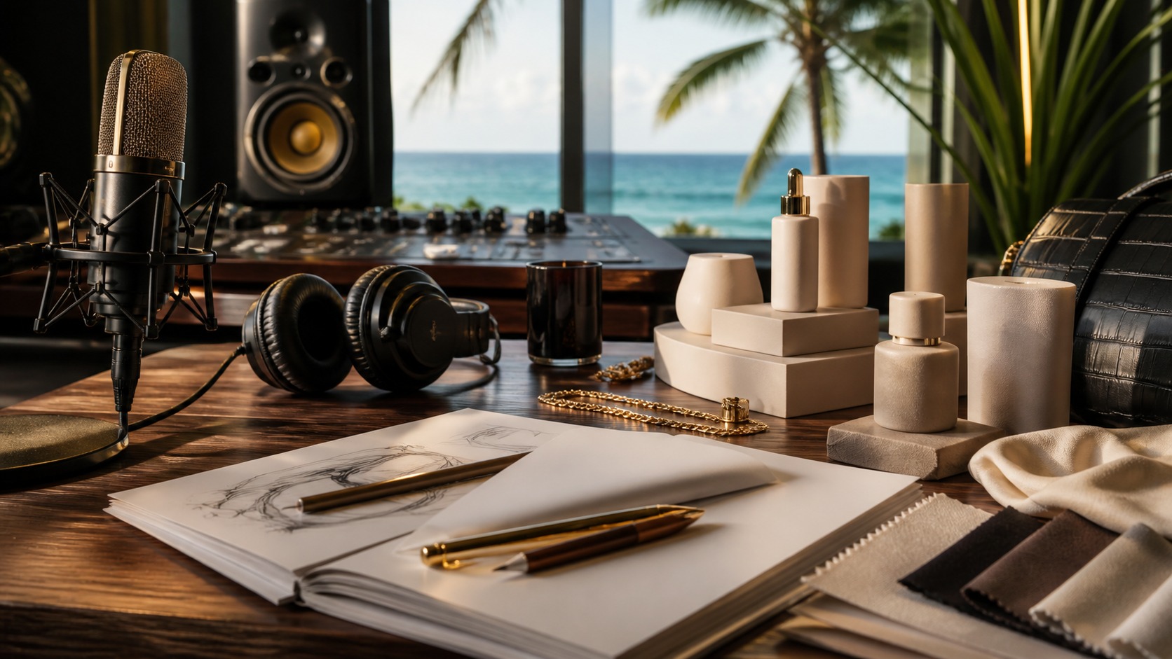Recording studio table with microphone headphones blank fashion sketches and tropical window light