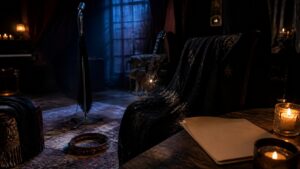 Moonlit rock rehearsal room with tambourine microphone and black shawl