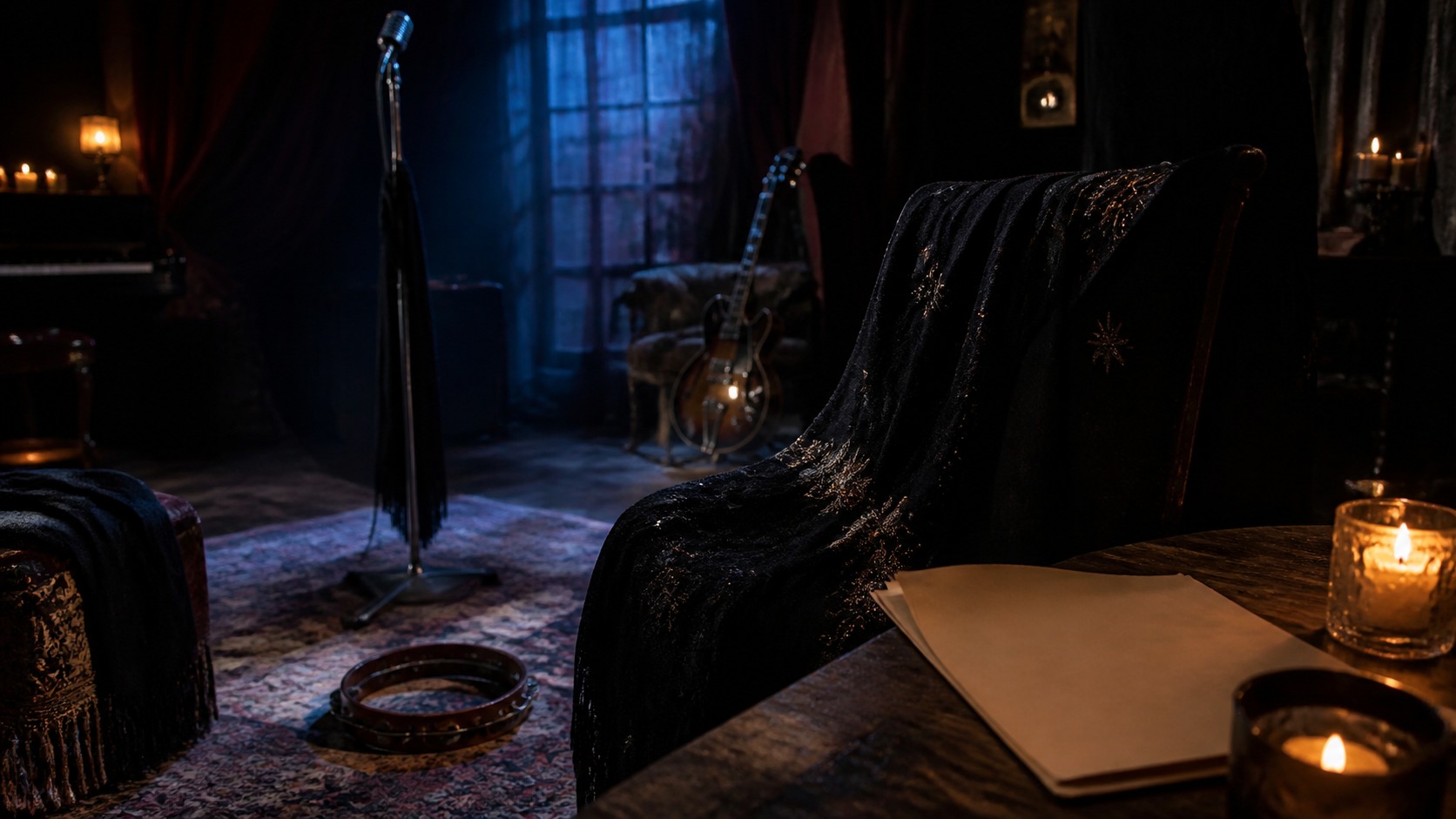 Moonlit rock rehearsal room with tambourine microphone and black shawl