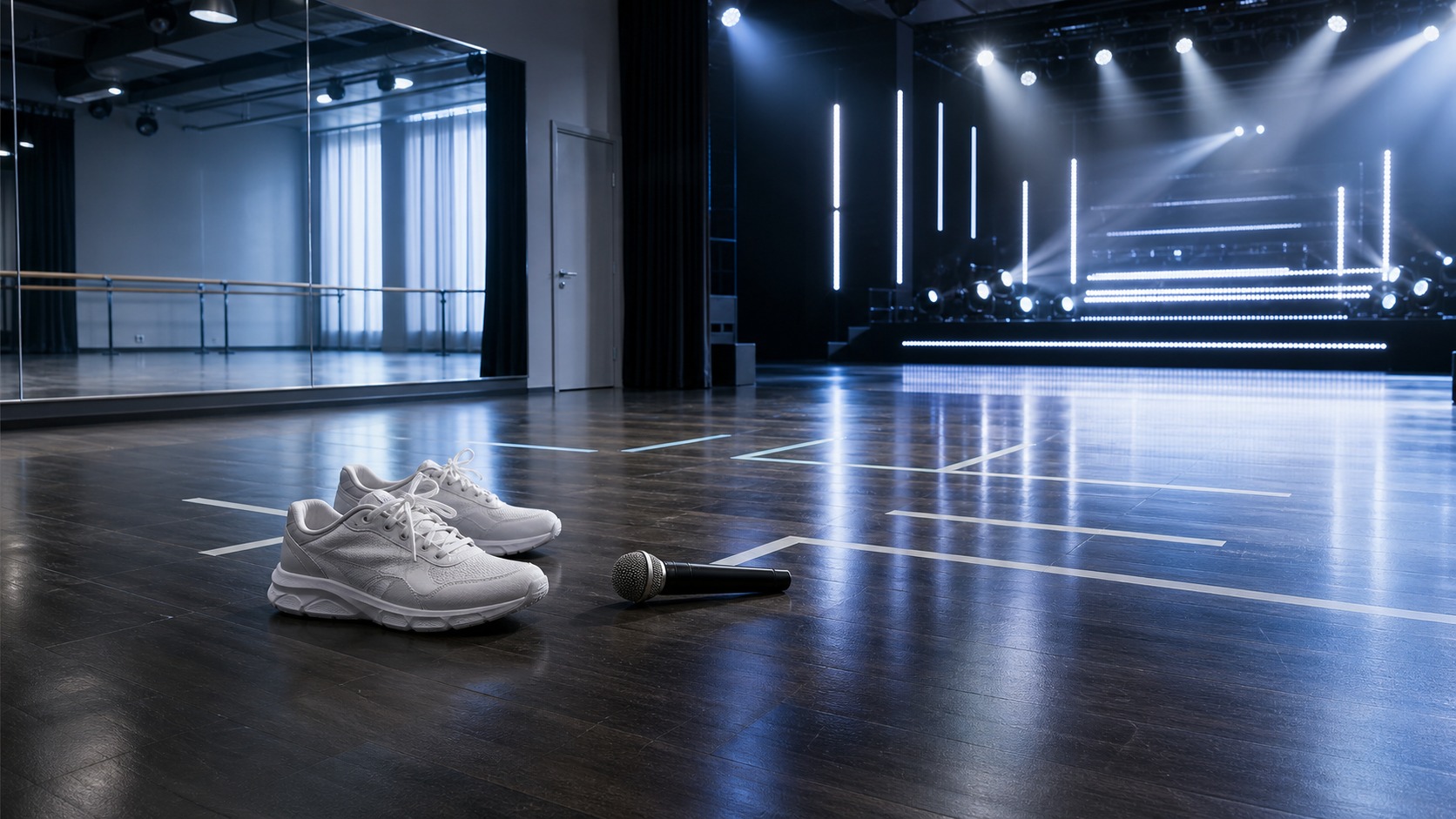 Dance rehearsal studio opening onto a concert stage with sneakers and microphone