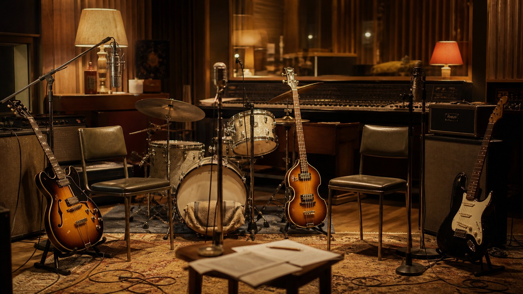 Vintage recording studio with guitars bass drum kit microphones and empty chairs
