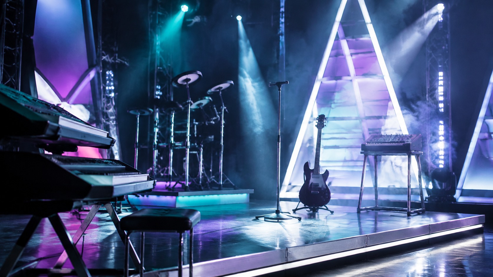 Glossy 1980s music video stage with synthesizers guitar microphone and colored lights