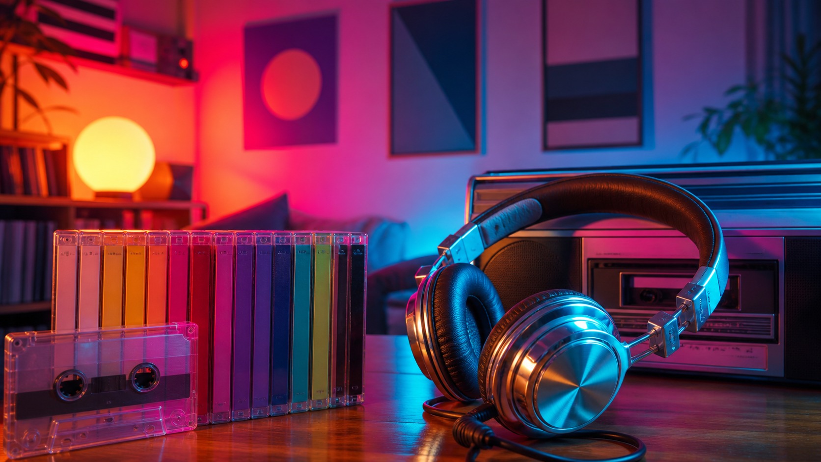Neon 1980s listening room with colorful cassette tapes headphones and boombox