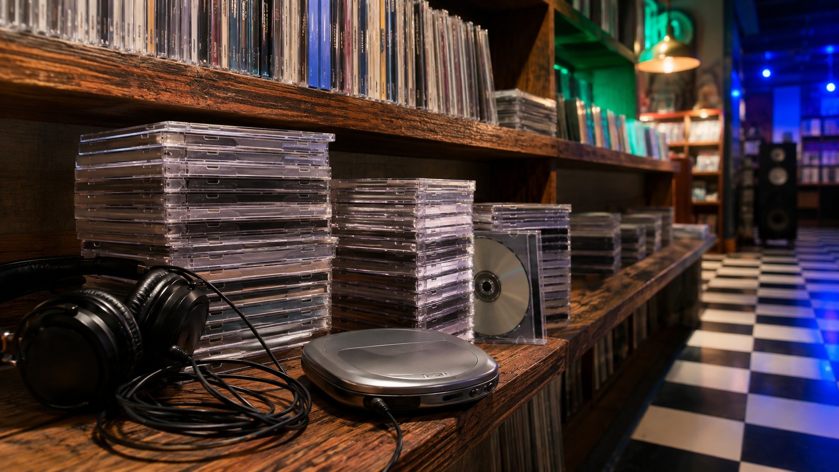 Record store shelf with blank compact discs headphones and checkerboard floor