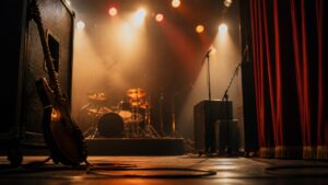 Smoky 1970s rock stage with guitar silhouette drum riser cables and amber lights