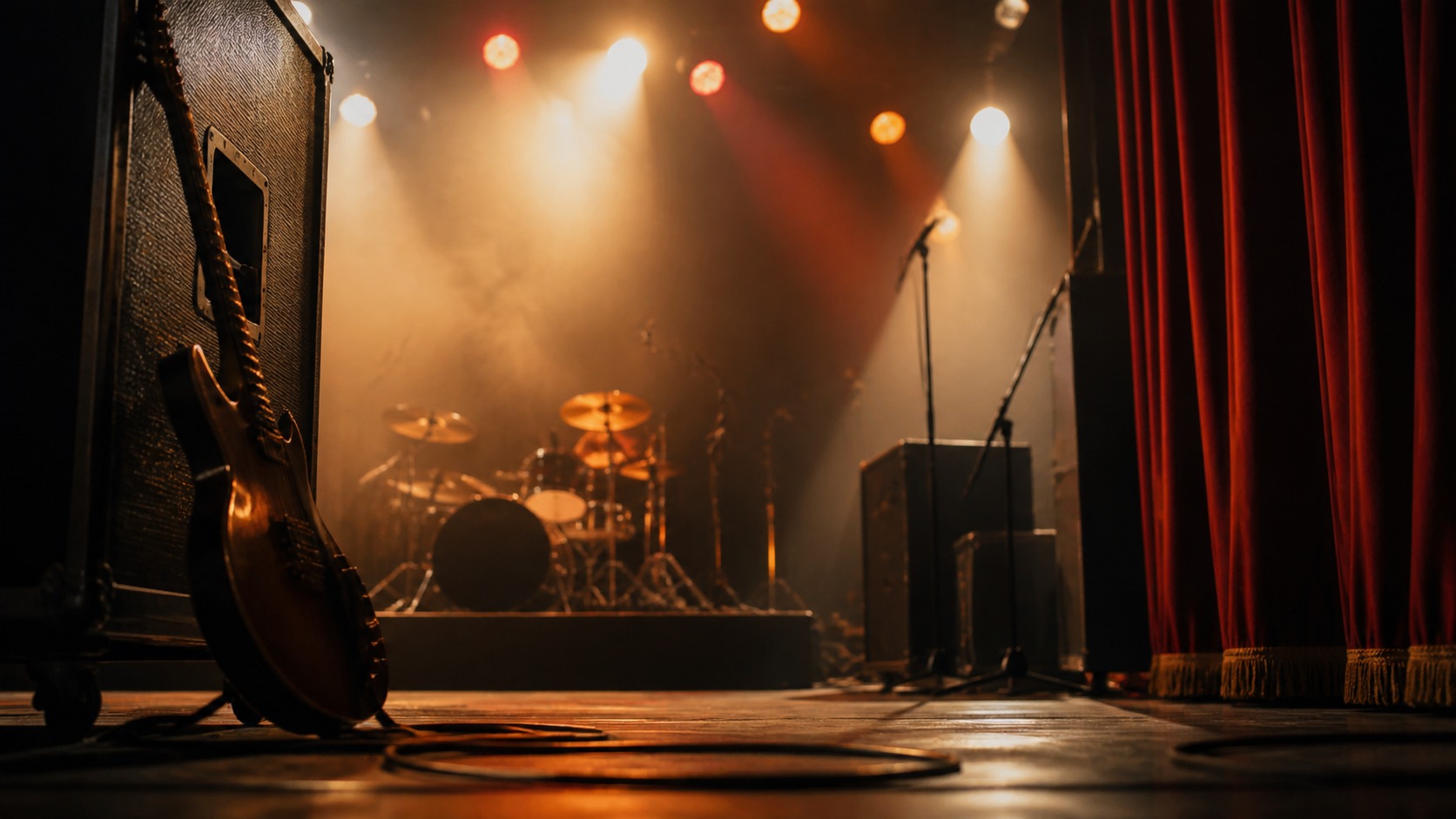 Smoky 1970s rock stage with guitar silhouette drum riser cables and amber lights