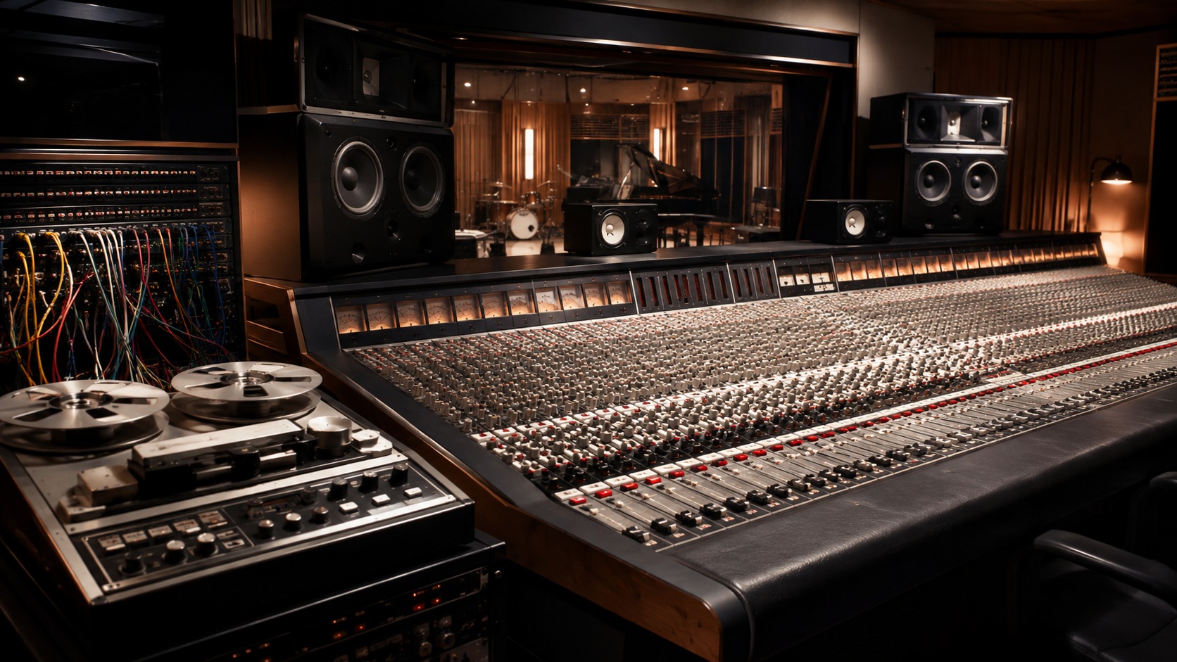 Professional recording studio control room with mixing console tape reels and speakers