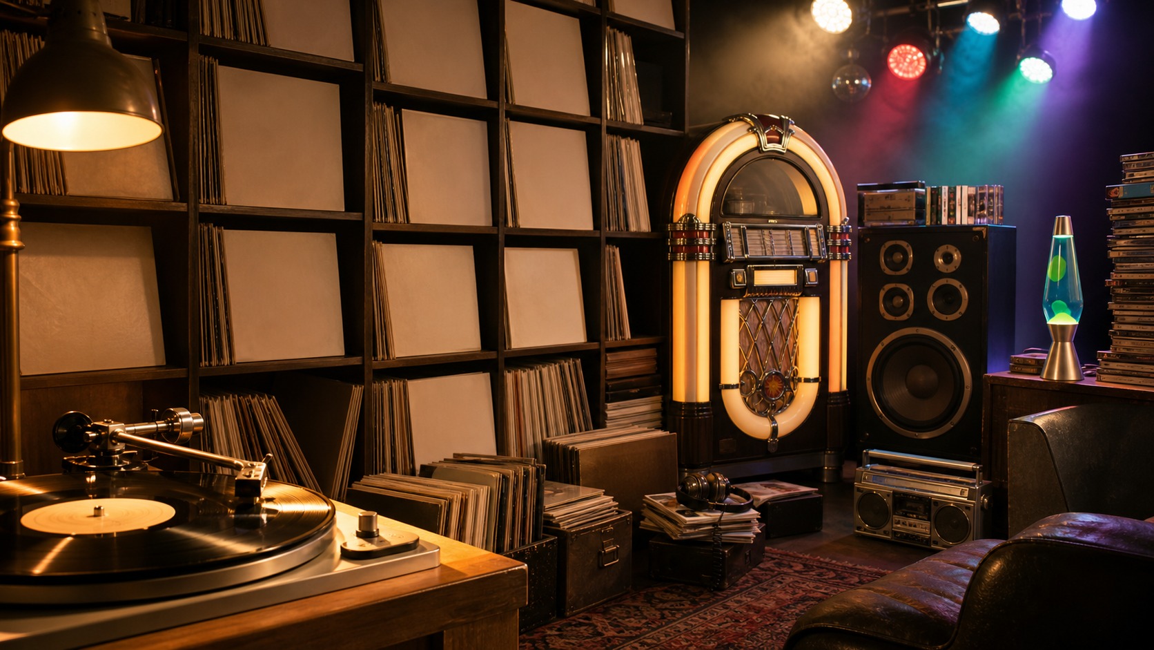 Nostalgic record room with turntable jukebox blank vinyl sleeves and colored lights
